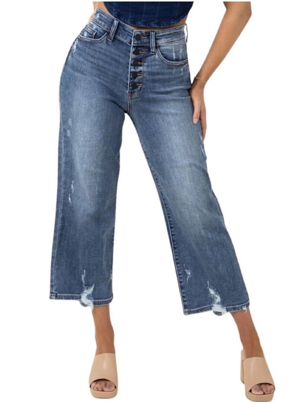 Judy Blue Lead the Way Distressed Wide Leg Crop Jeans Size 9/29 JB82509MD-CO